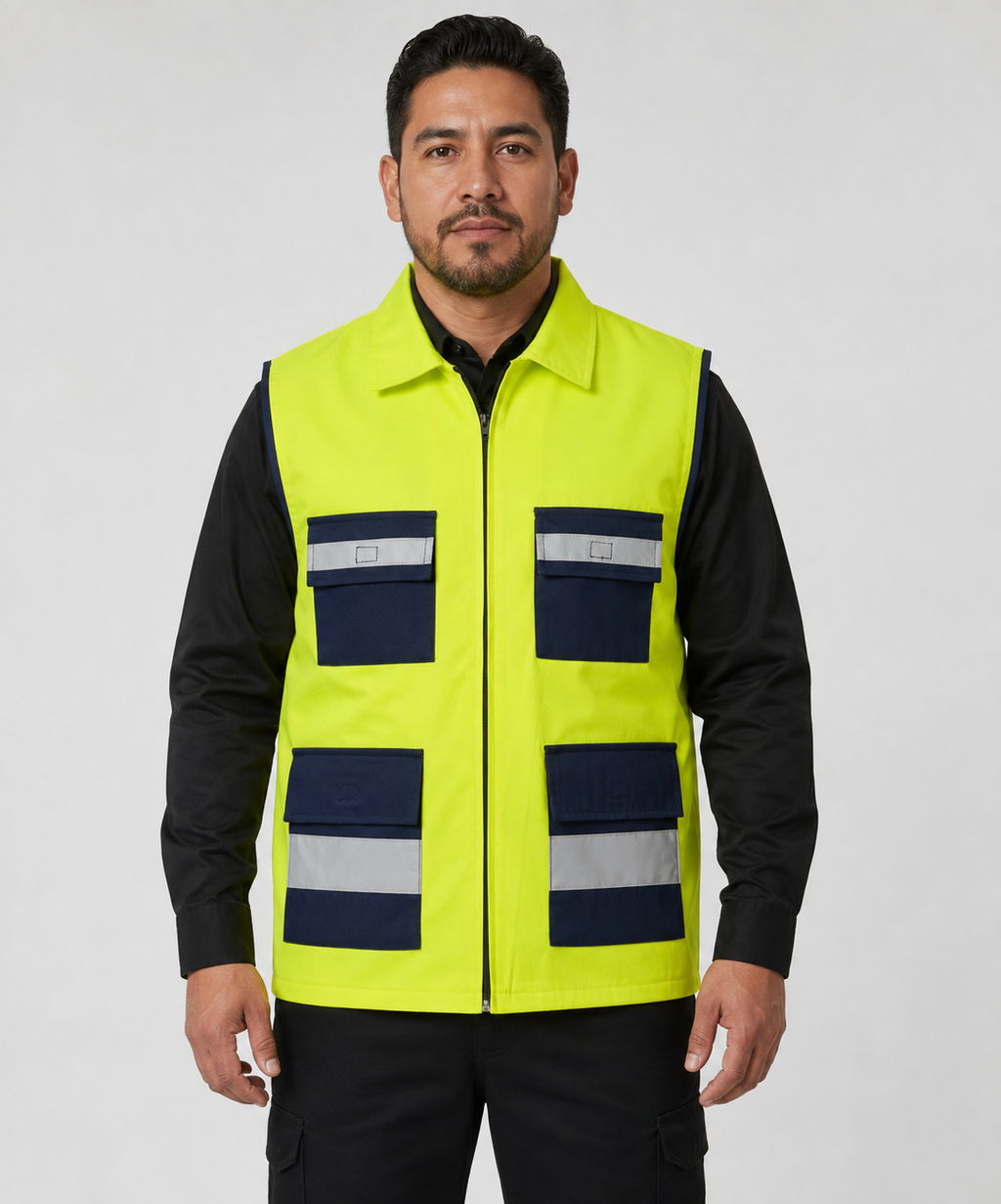 Chaleco Industrial Verde Limón con 4 Bolsillos y Cintas Reflejantes
